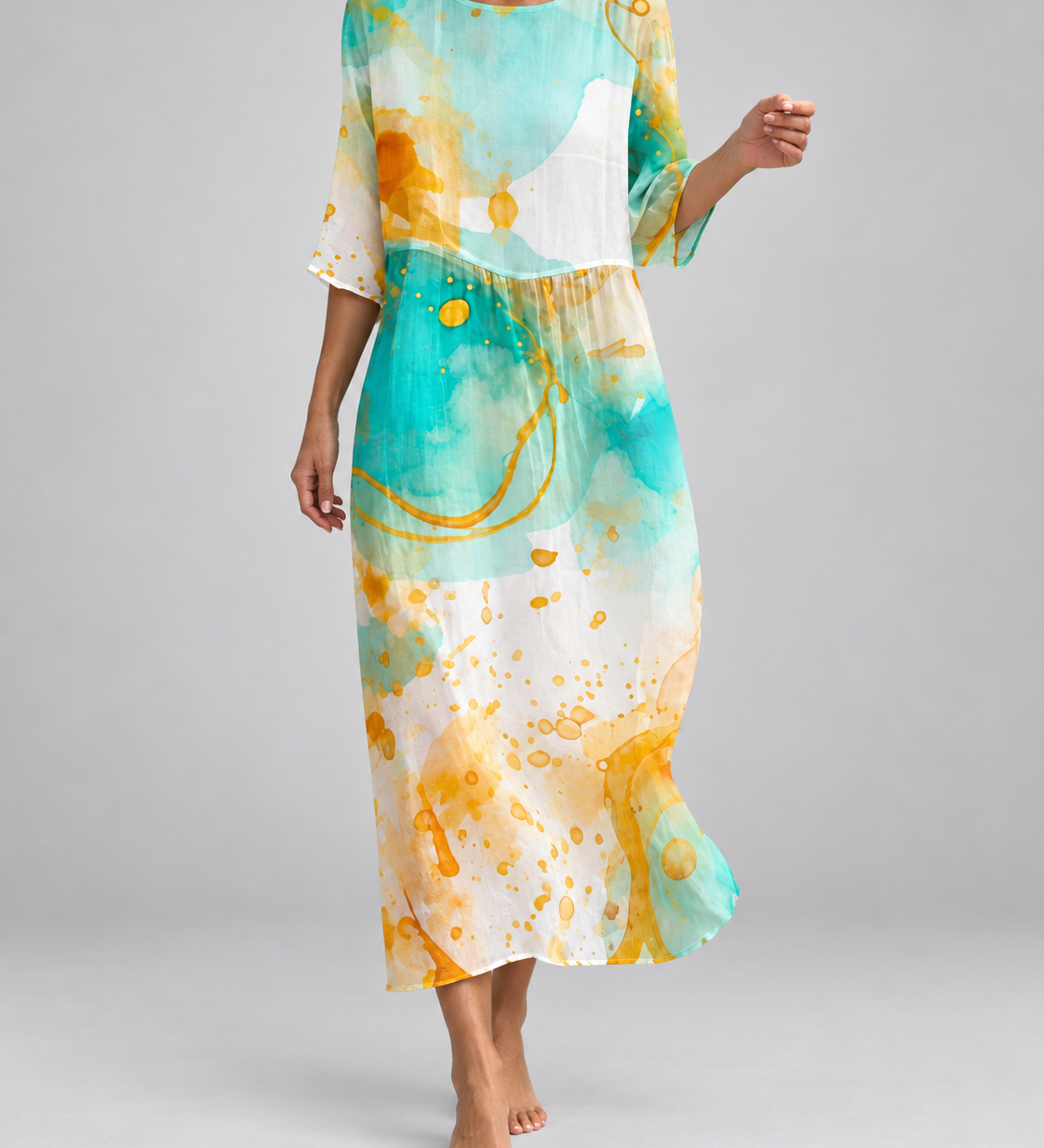 Women's watercolor midi dress with 3/4 sleeves, scoop neck, aqua and orange