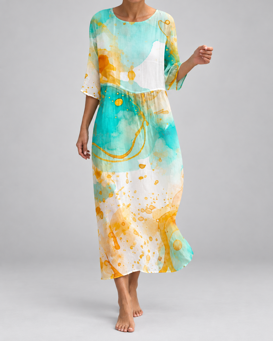 Women's watercolor midi dress with 3/4 sleeves, scoop neck, aqua and orange