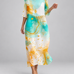 Women's watercolor midi dress with 3/4 sleeves, scoop neck, aqua and orange
