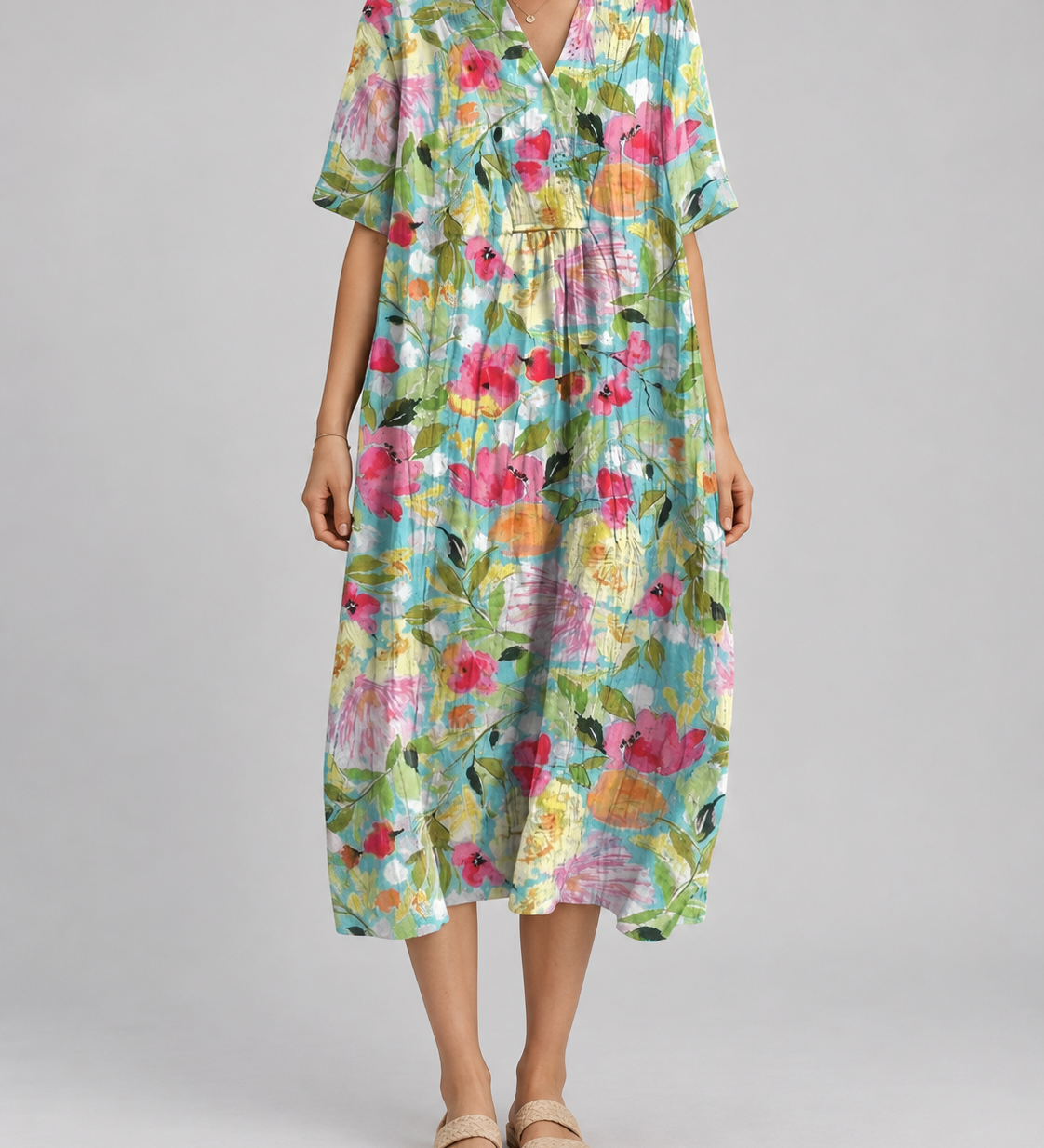 Comfortable summer dress with multicolor floral print, V-neck, short sleeves