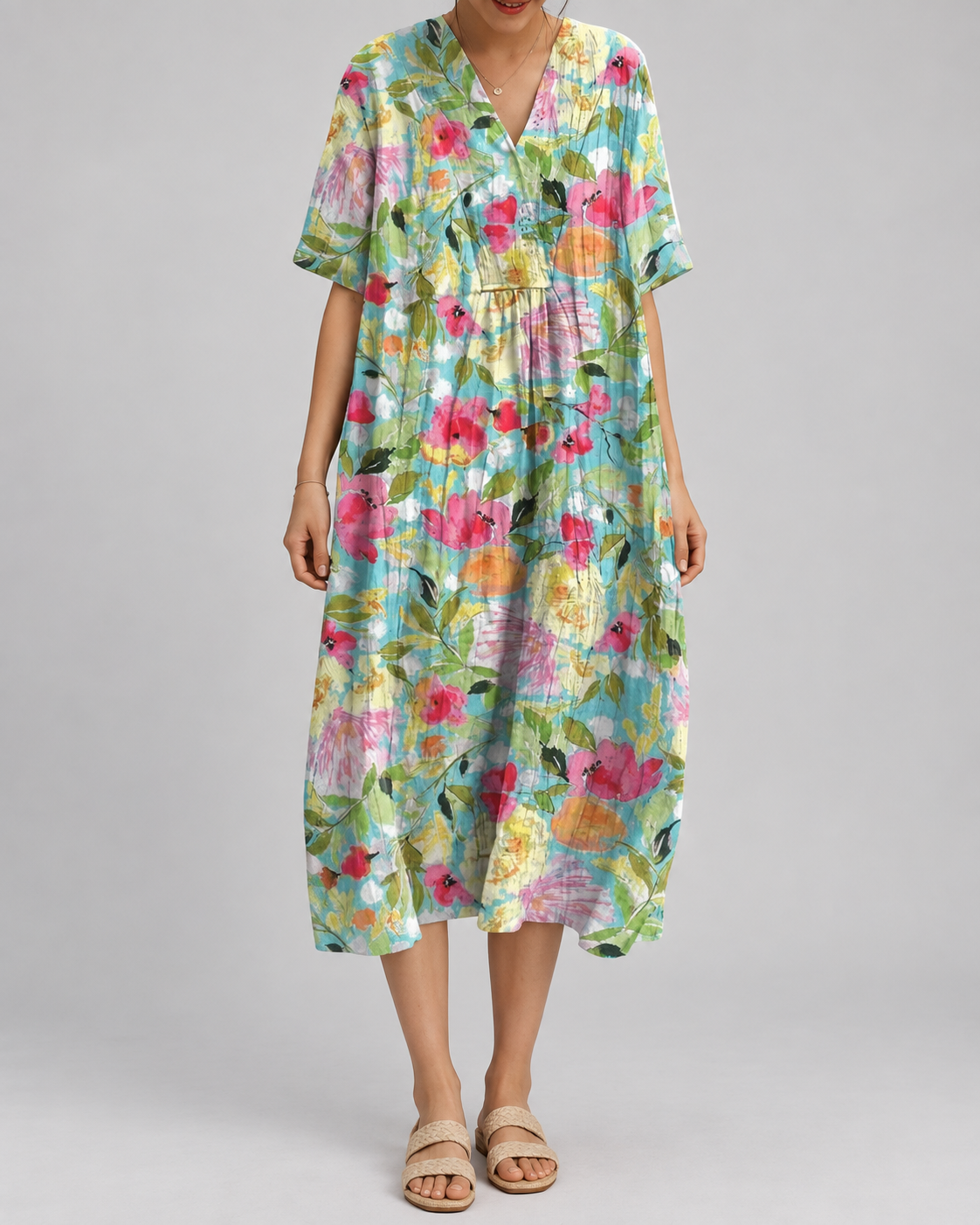 Comfortable summer dress with multicolor floral print, V-neck, short sleeves