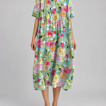 Comfortable summer dress with multicolor floral print, V-neck, short sleeves