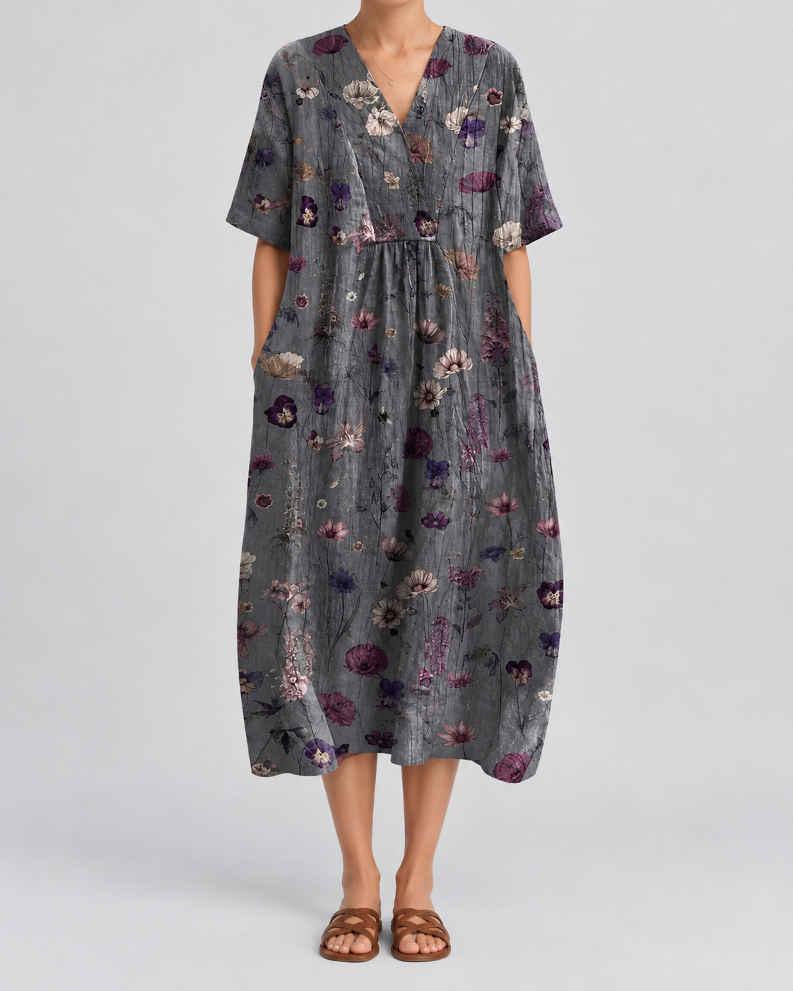Floral print V-neck midi summer dress with short sleeves and gathered waist