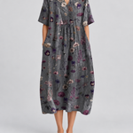 Floral print V-neck midi summer dress with short sleeves and gathered waist