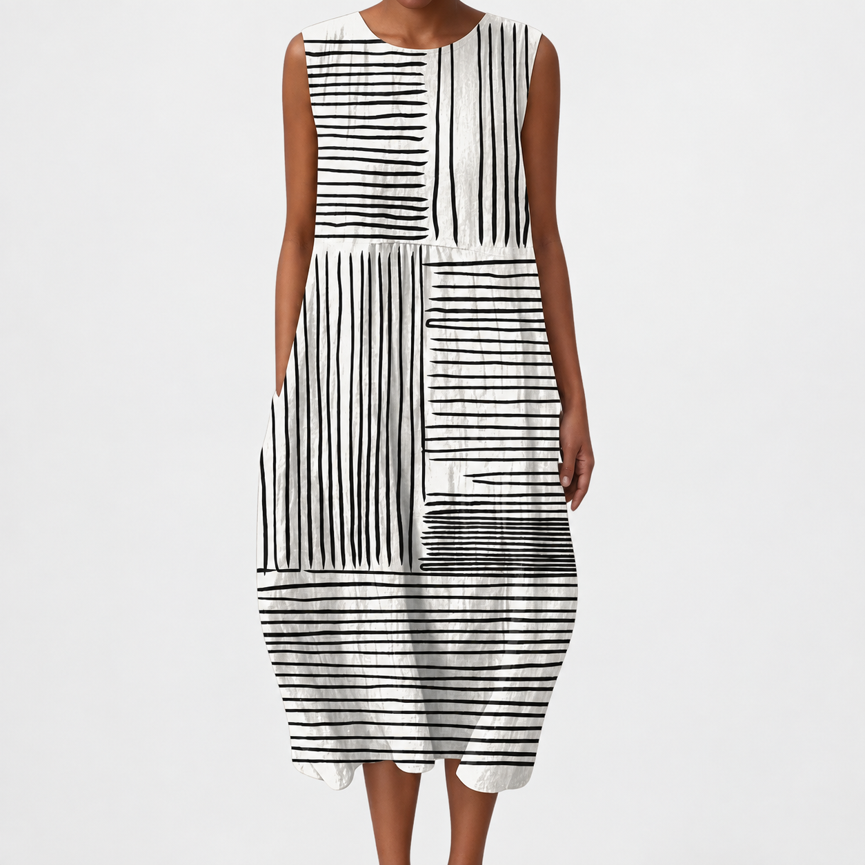 Sleeveless striped midi dress with round neckline and gathered waist, black and white