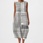 Sleeveless striped midi dress with round neckline and gathered waist, black and white