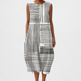 Sleeveless striped midi dress with round neckline and gathered waist, black and white