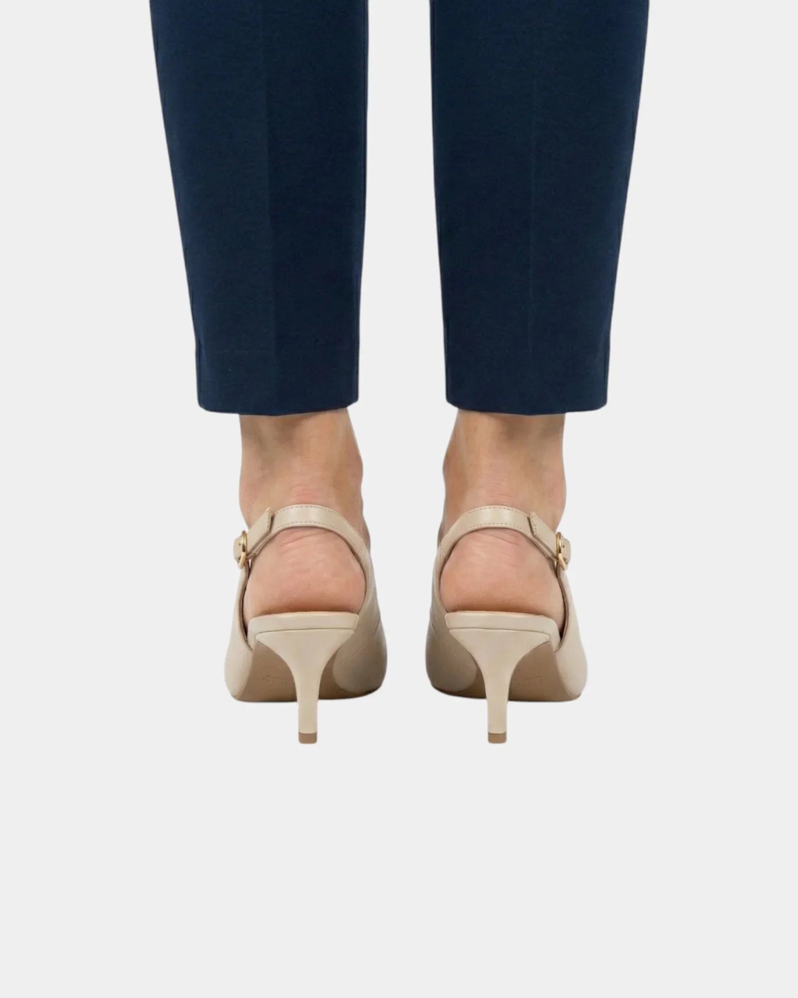 Beige high heels back view with ankle strap buckle and slim stiletto heel