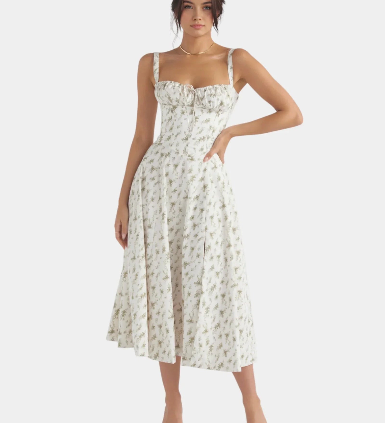 Cream floral midi dress with square neckline, thin straps, fitted bodice, and full skirt