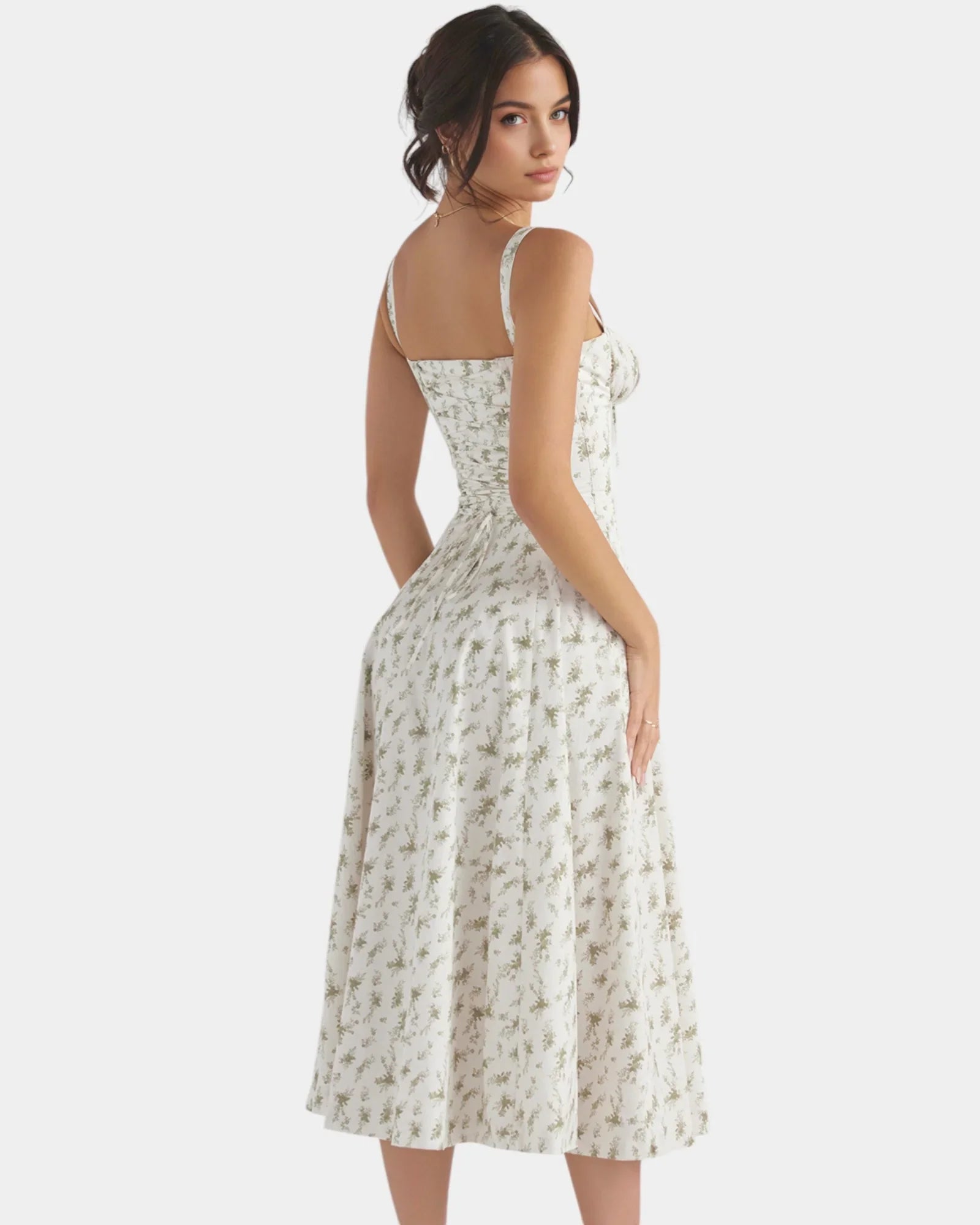 Cream floral midi dress with spaghetti straps, square neckline, gathered waist, and full skirt