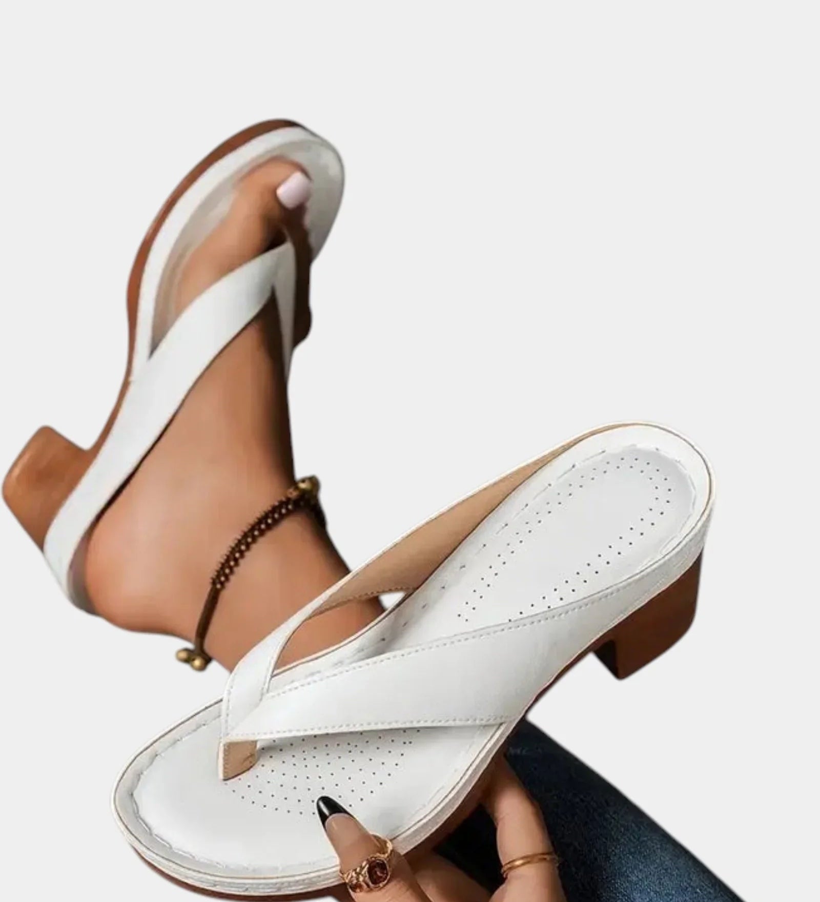 White T-strap sandals with cushioned footbed and thick block heel