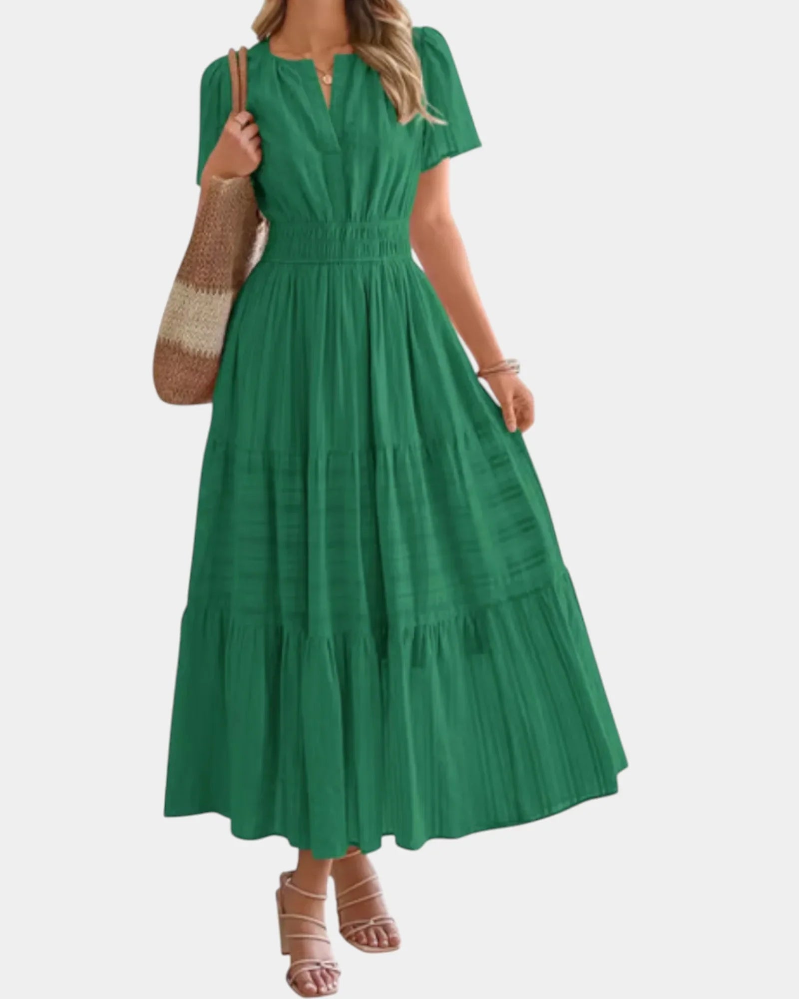 Green tiered maxi dress, V-neck back view with short sleeves and gathered waist