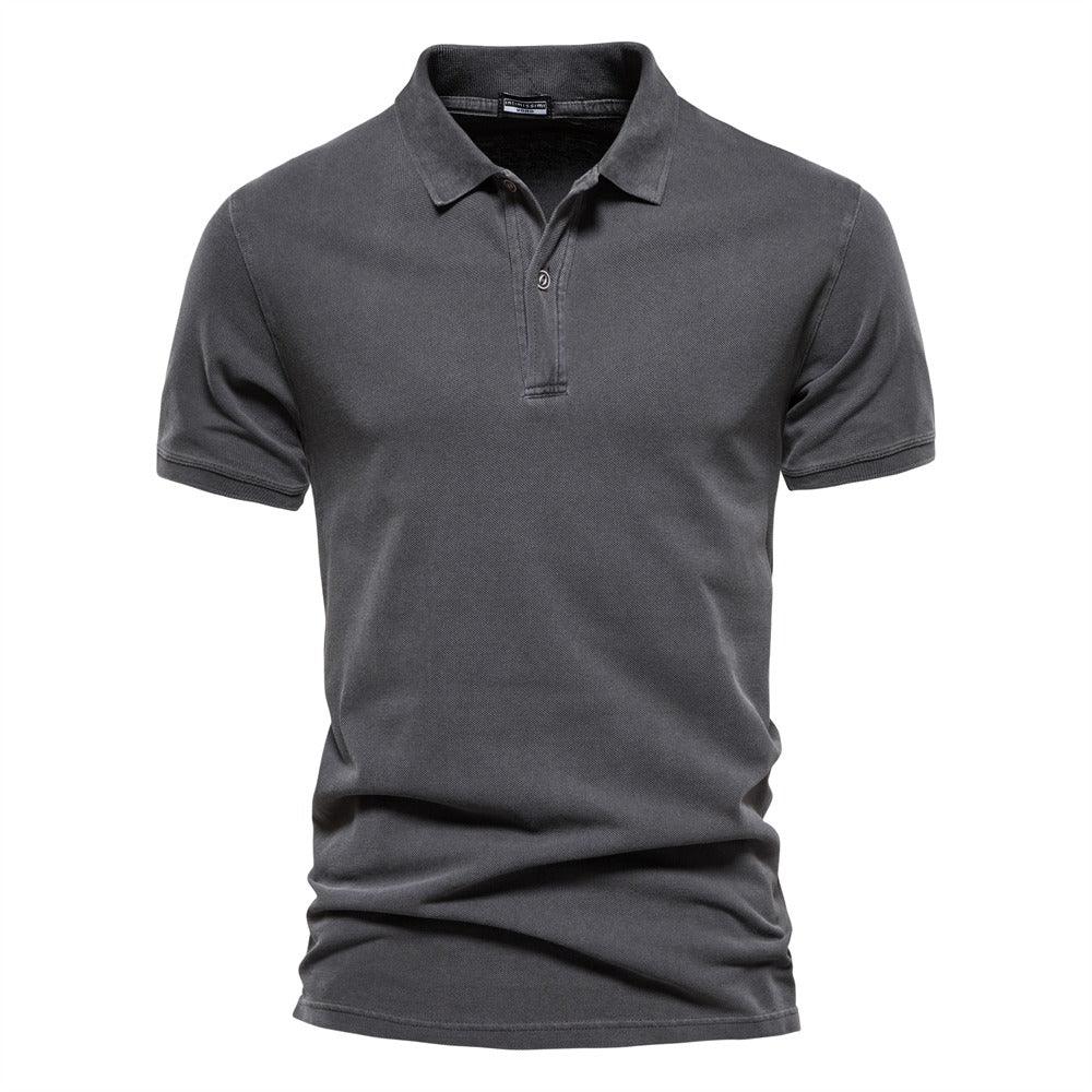 Gray short-sleeve polo shirt with button placket and ribbed collar