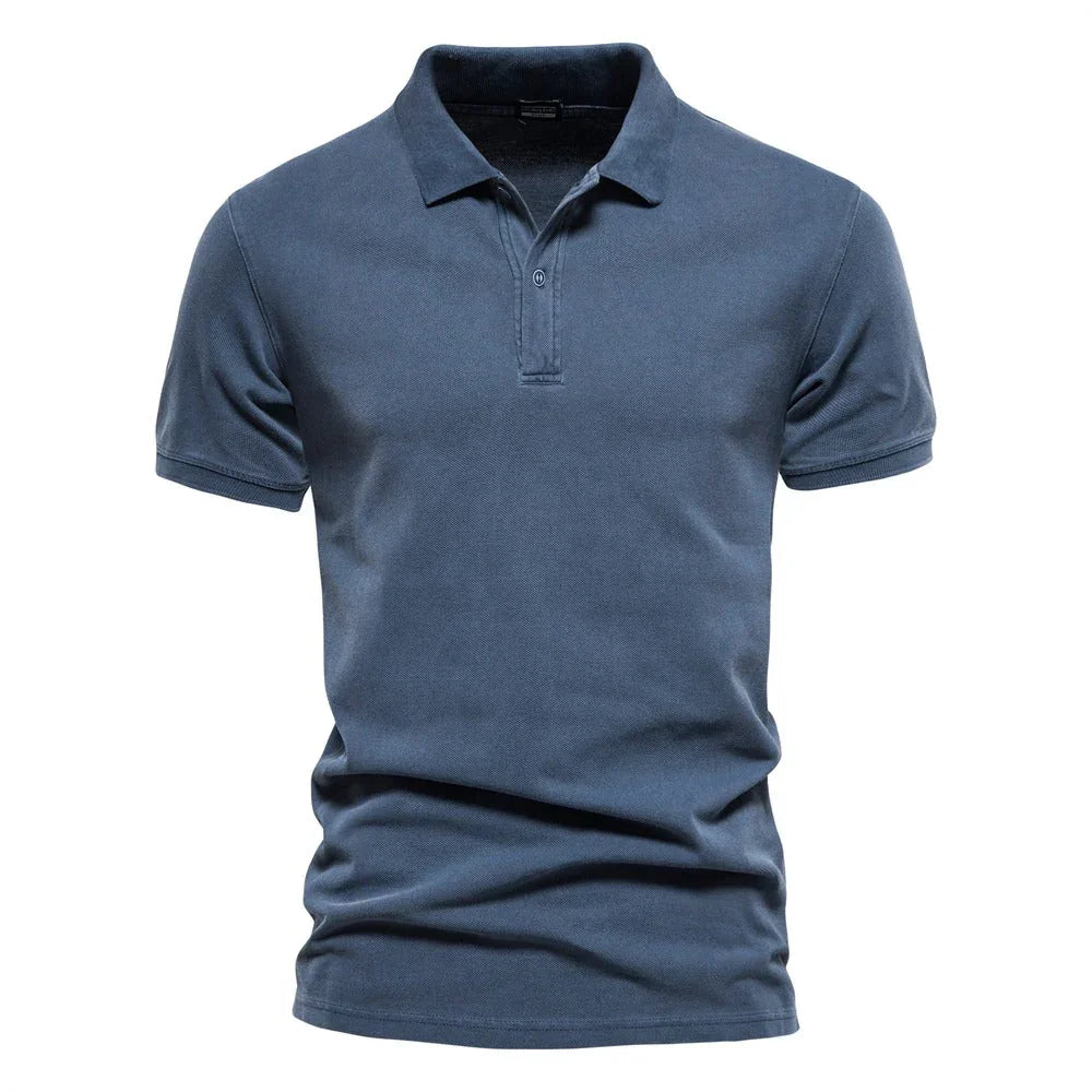 Blue short-sleeve polo shirt with button placket and ribbed collar