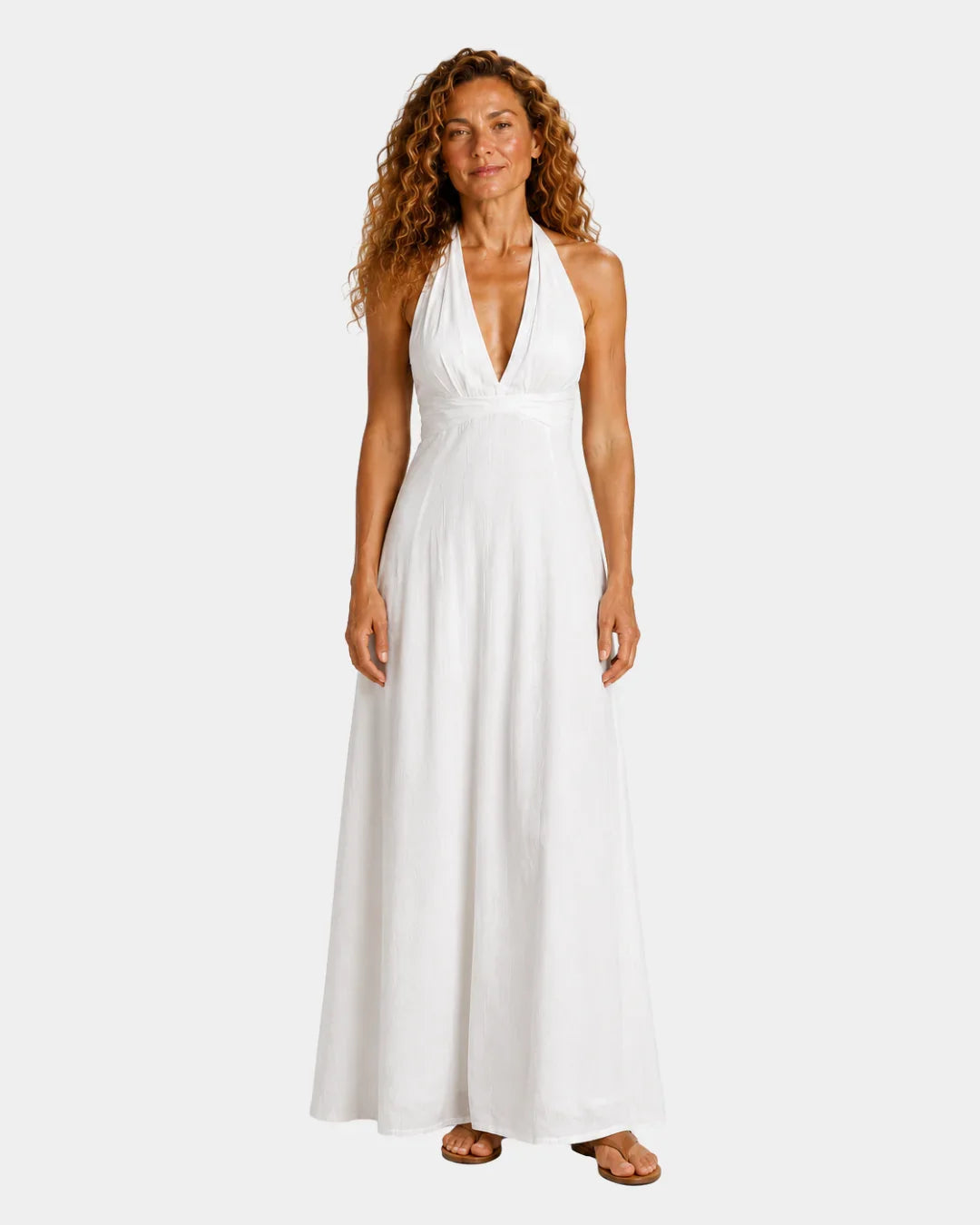 Ivory halter long casual dress with V-neck front and fitted waist