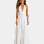Ivory halter long casual dress with V-neck front and fitted waist