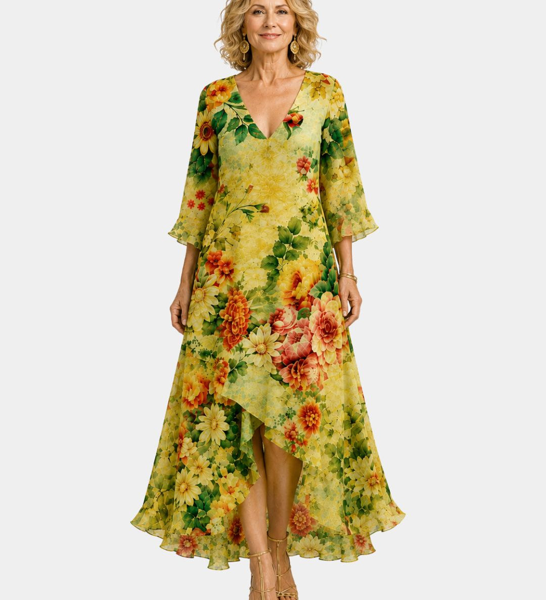 Floral high-low V-neck dress with three-quarter sleeves and layered hem