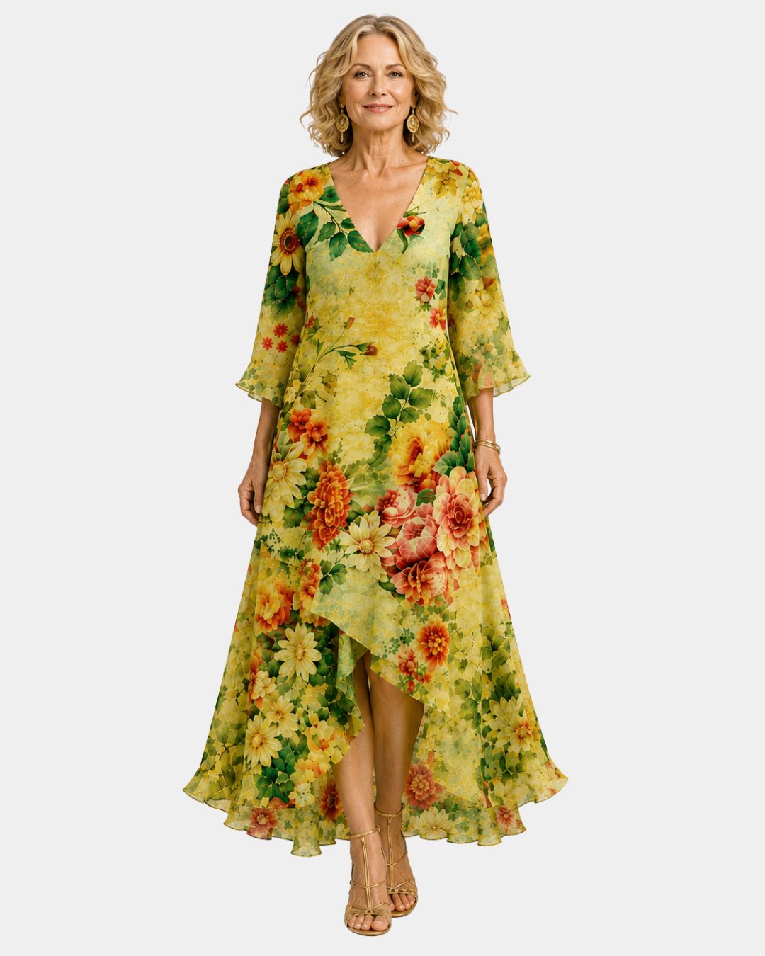 Floral high-low V-neck dress with three-quarter sleeves and layered hem