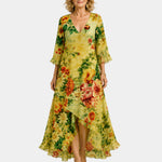 Floral high-low V-neck dress with three-quarter sleeves and layered hem