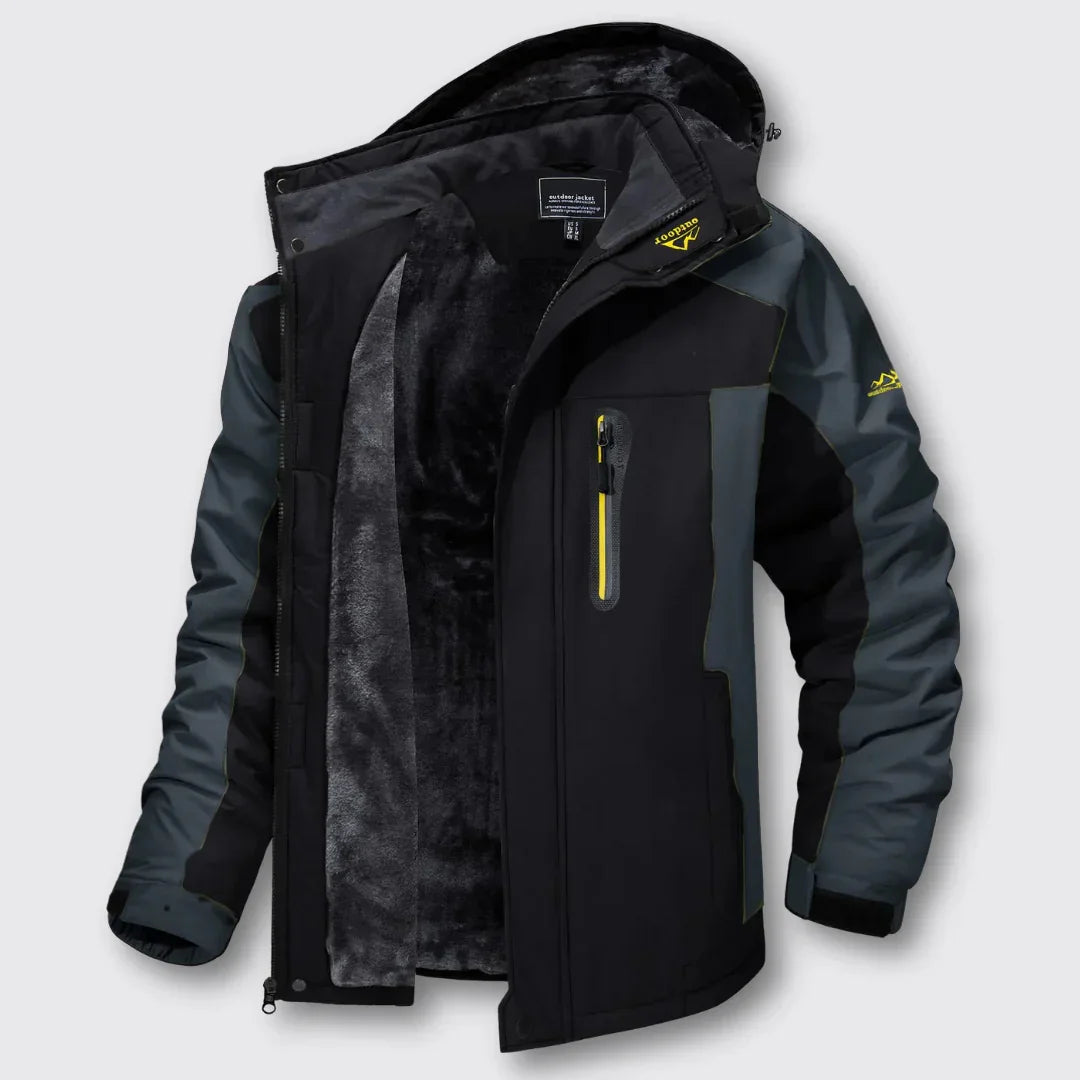 Black winter jacket with yellow zip front and dark hood, faux-fur interior panel