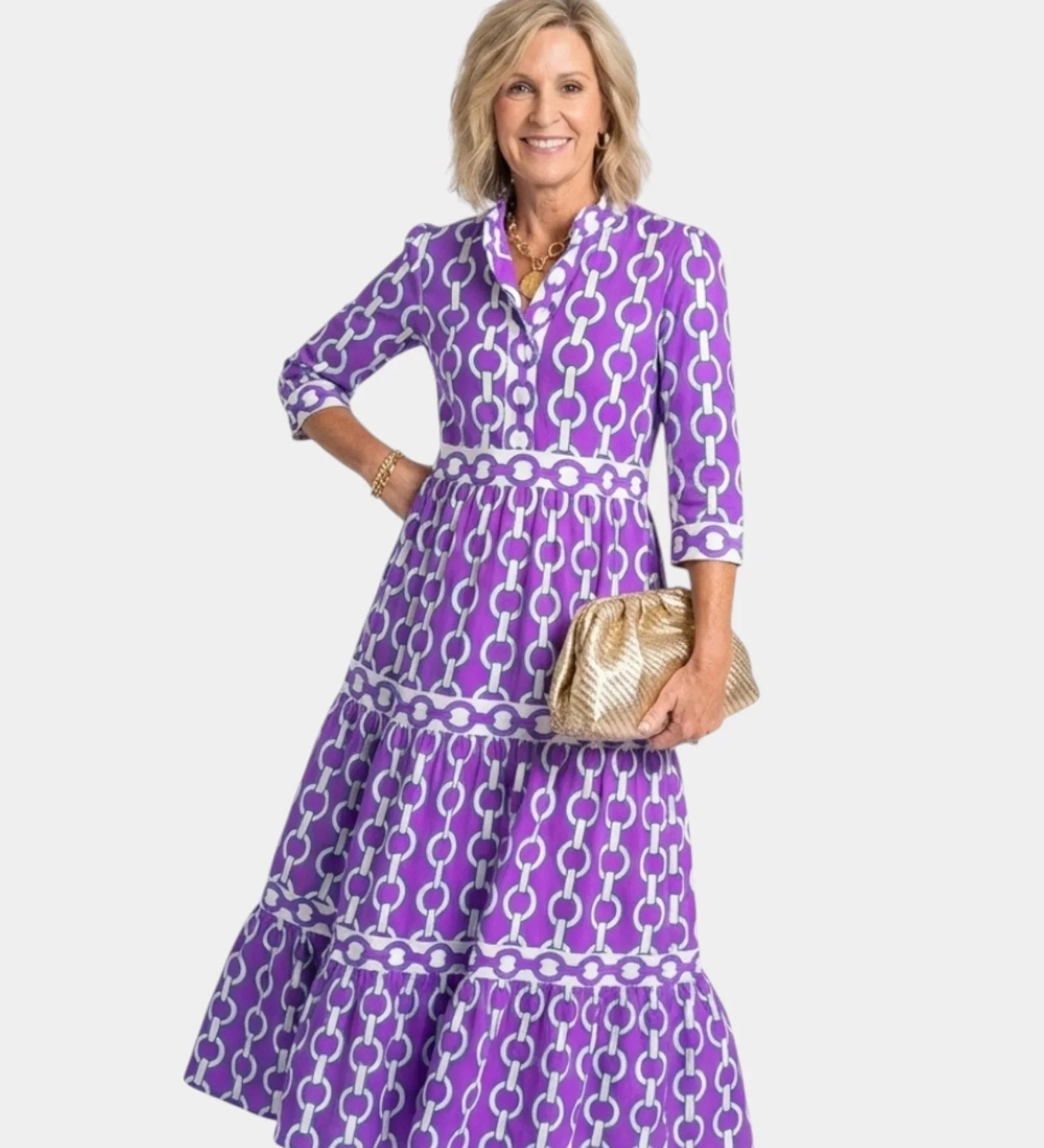 Purple midi shirt dress with three-quarter sleeves, link pattern, button-front and tiered skirt