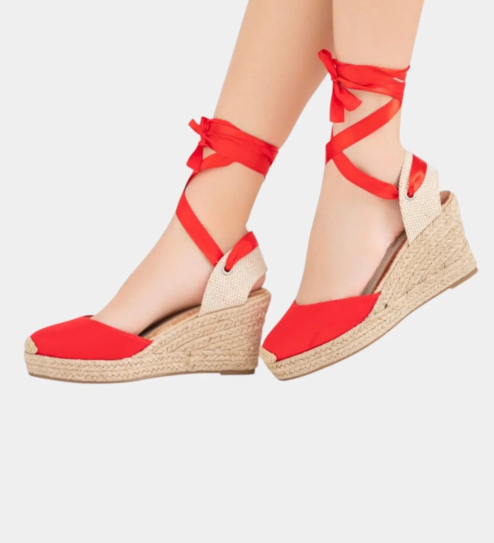 Red high-heel espadrille wedge sandals with crisscross ankle ties