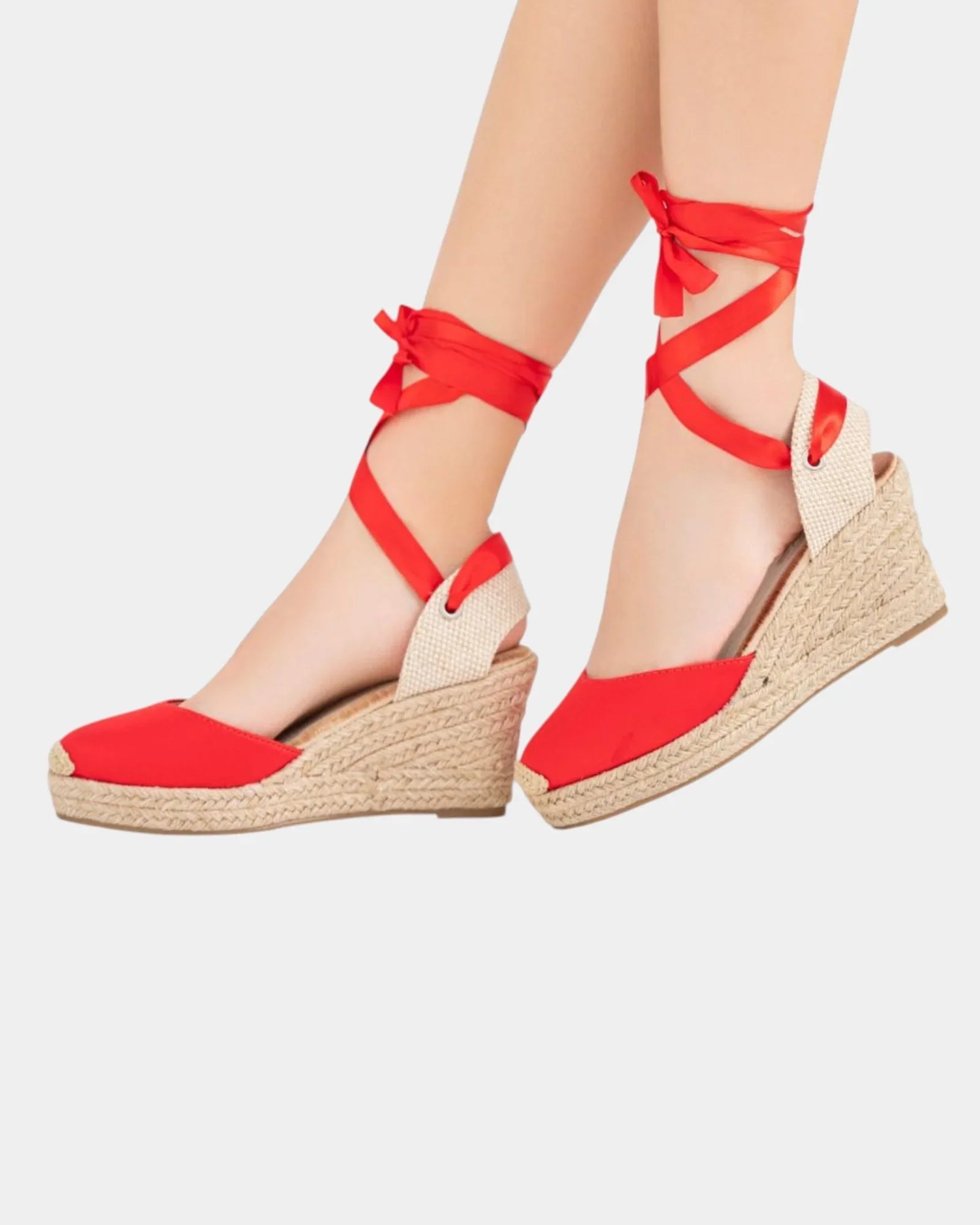 Red high-heel espadrille wedge sandals with crisscross ankle ties