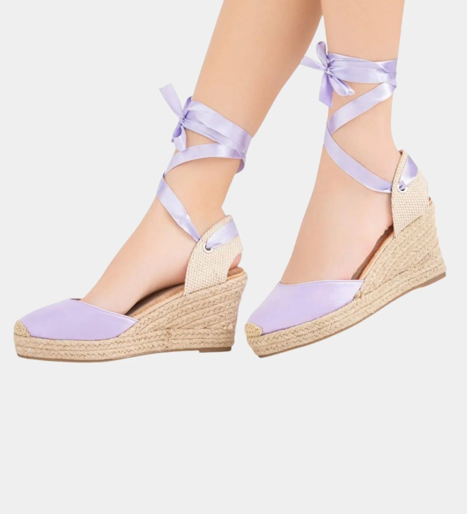 Lilac high-heel espadrille wedges with ankle tie straps and canvas peep-toe