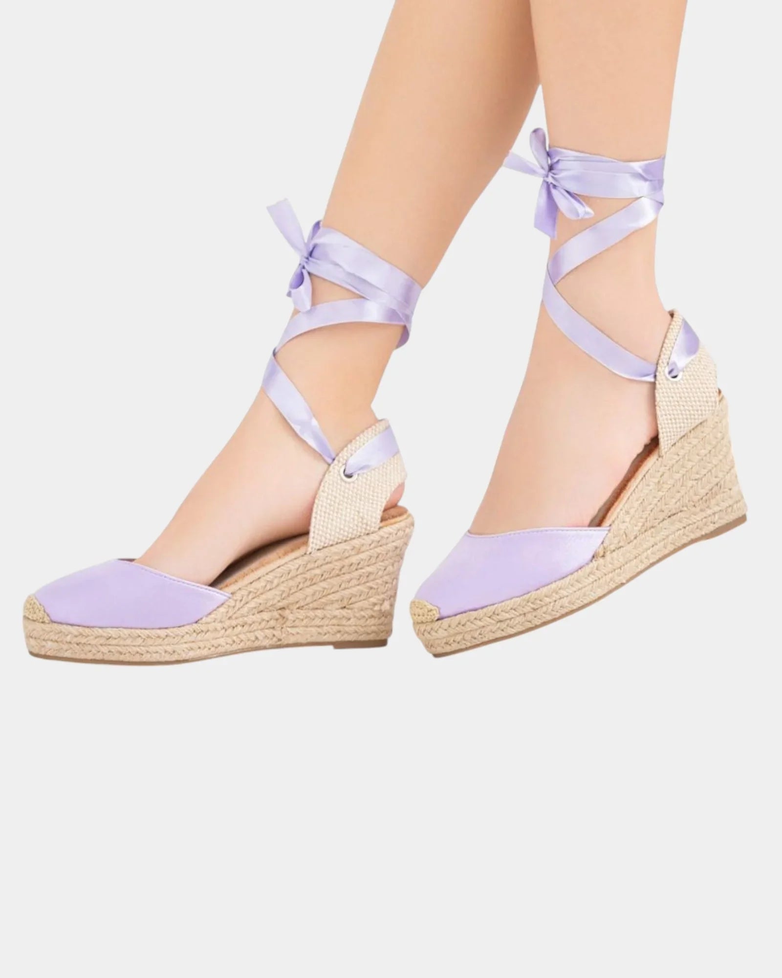 Lilac high-heel espadrille wedges with ankle tie straps and canvas peep-toe