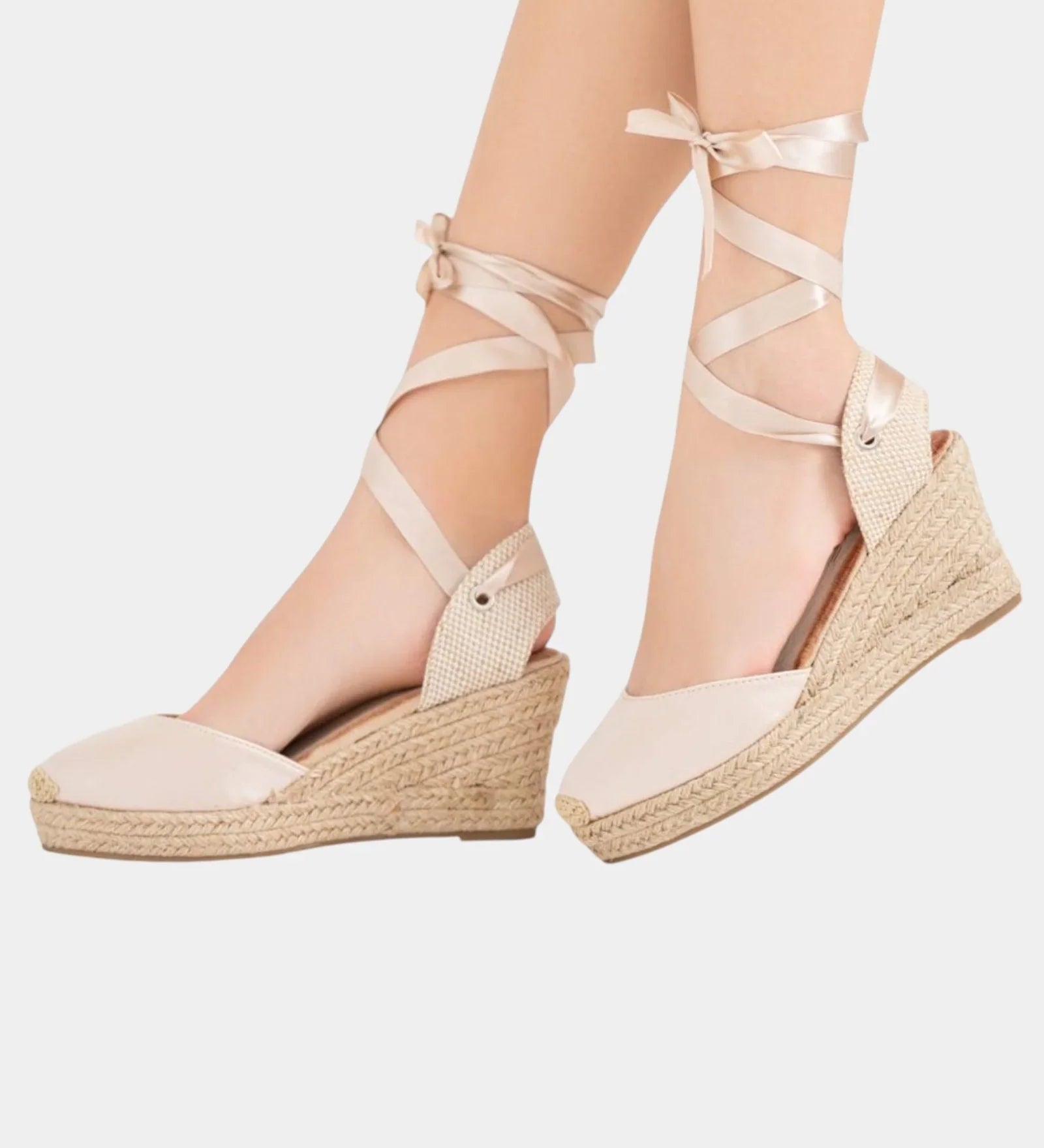 Beige high-heel espadrille wedge sandals with lace-up ankle straps