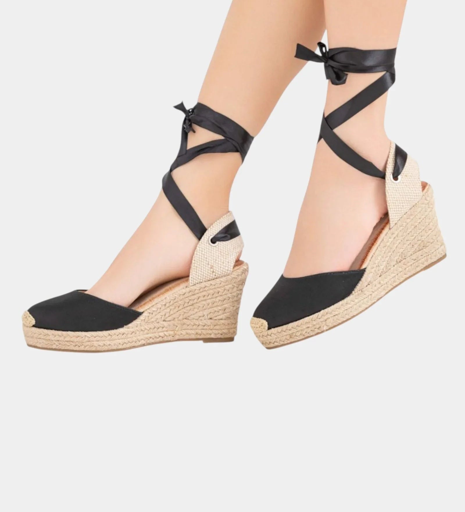 Black high-heel espadrille wedge sandals with ribbon ankle tie straps