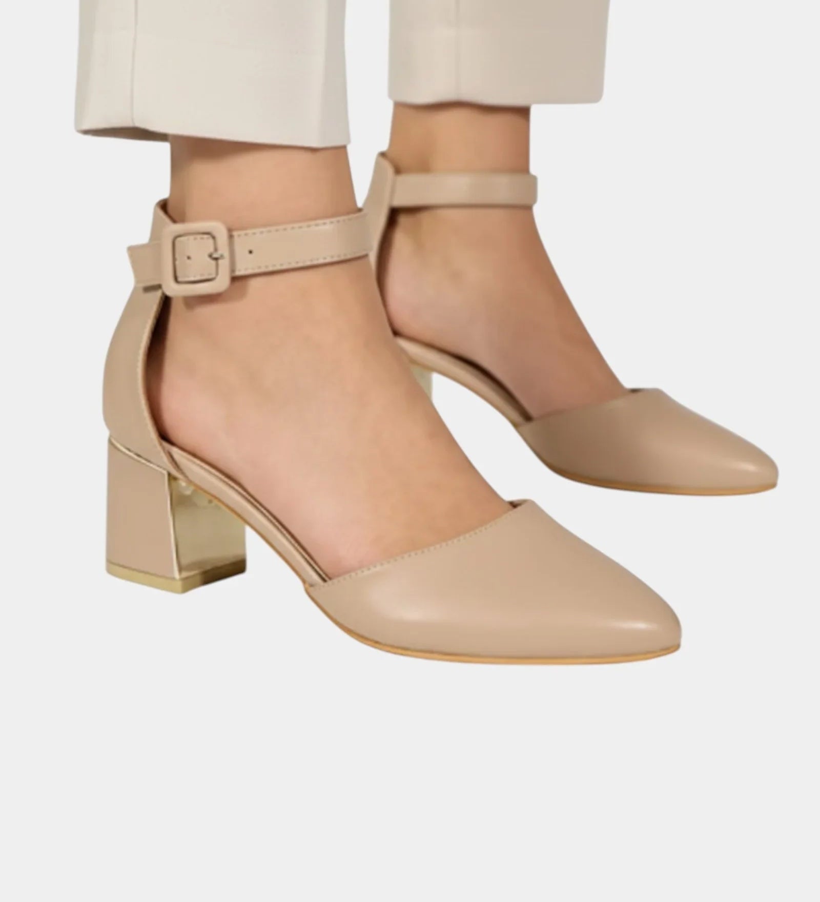 Khaki Mary Jane high heels with buckle ankle strap and block heel.