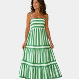 Green striped strappy tiered maxi dress with thin spaghetti straps and layered skirt.