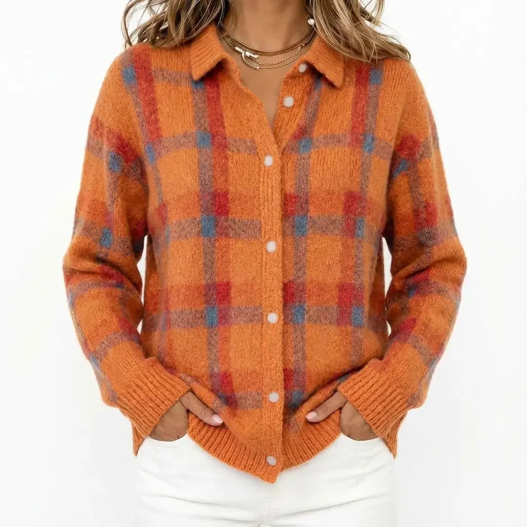 Orange wool cardigan with blue plaid, button-front and chunky ribbed cuffs