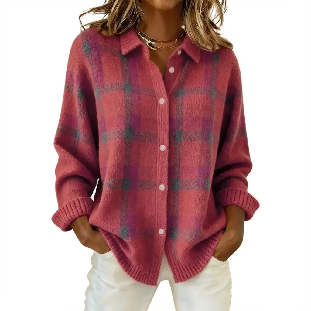 Red plaid wool cardigan with button-up front and ribbed cuffs, long sleeves