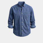 Denim-blue casual button-up shirt with button front and chest pocket