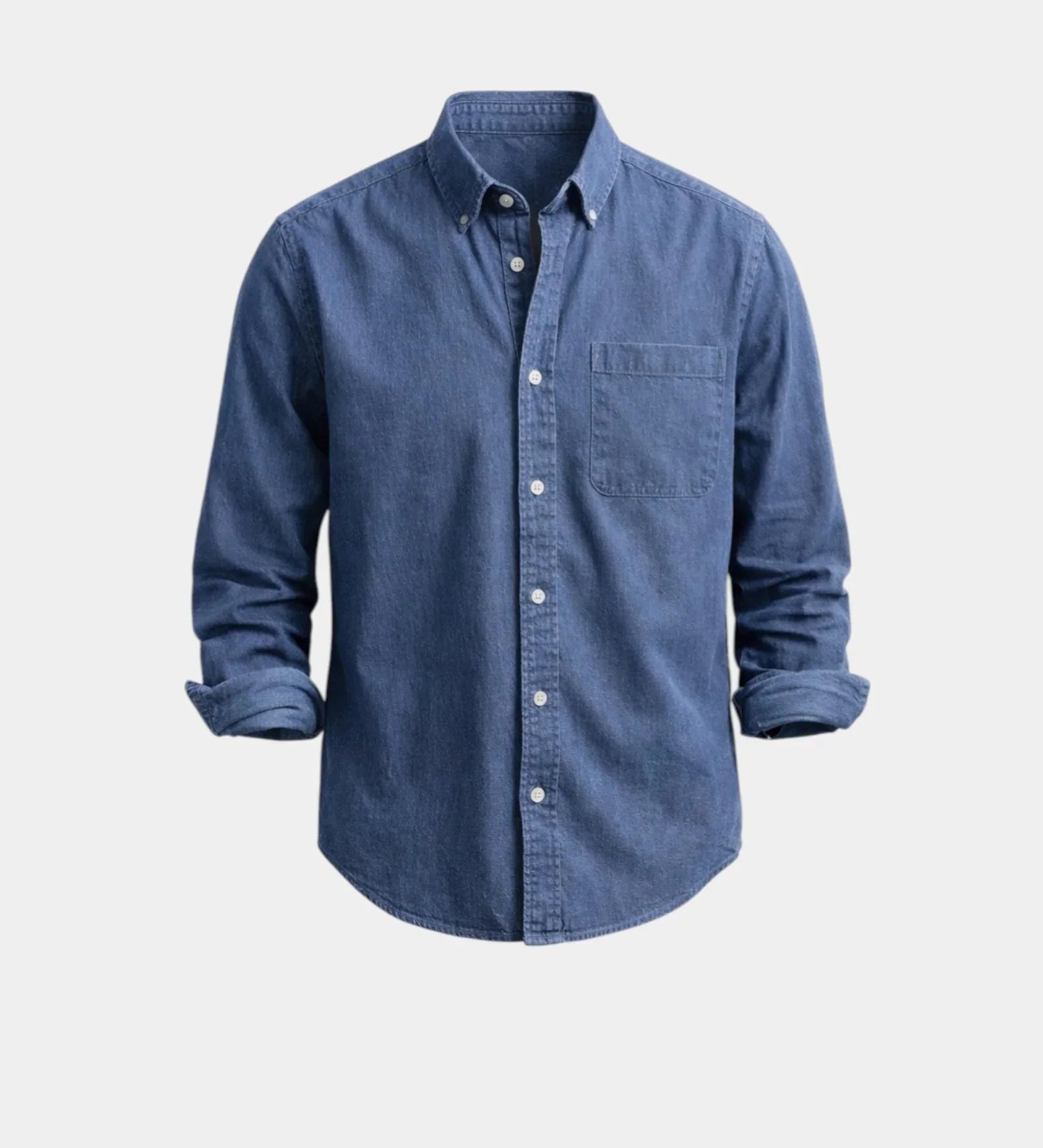 Denim-blue casual button-up shirt with button front and chest pocket