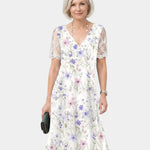 Floral print lace-sleeve dress, white with blue and pink flowers, V-neck.
