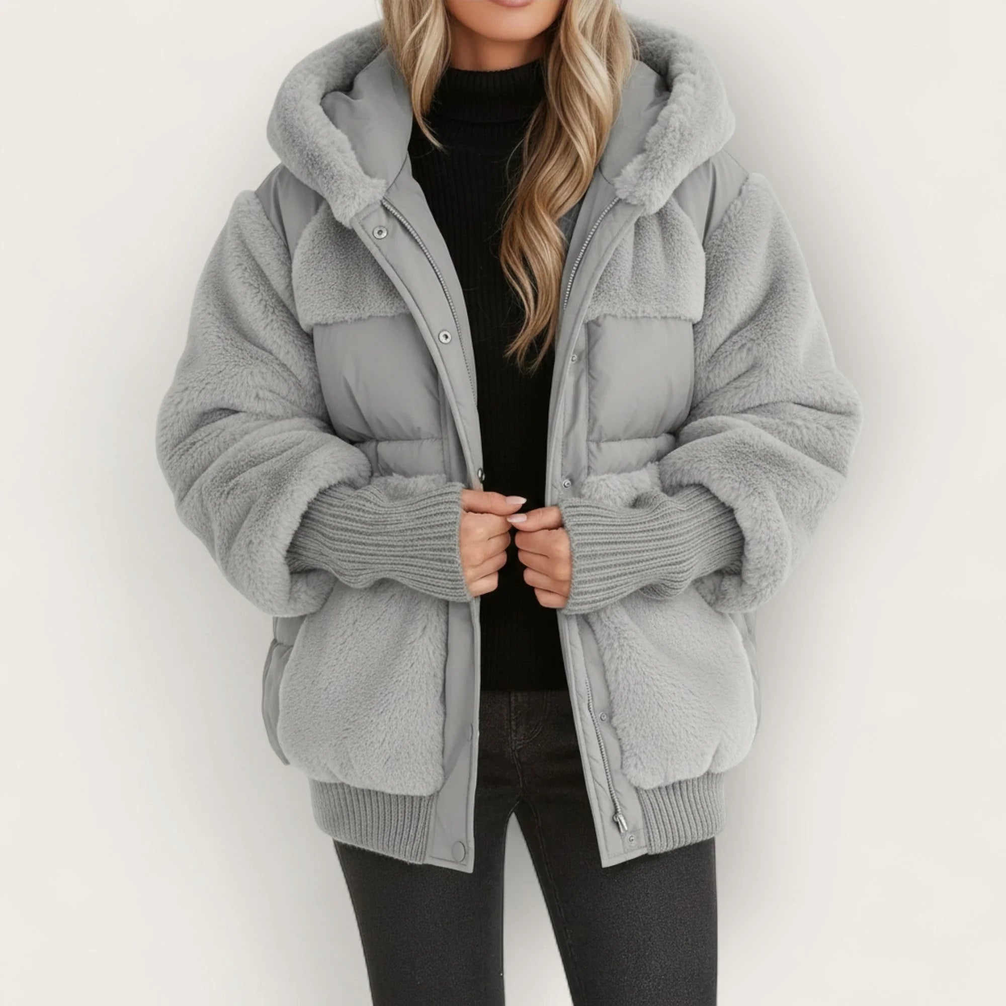 Women's gray down jacket with hood, zip front, sherpa fleece cuffs