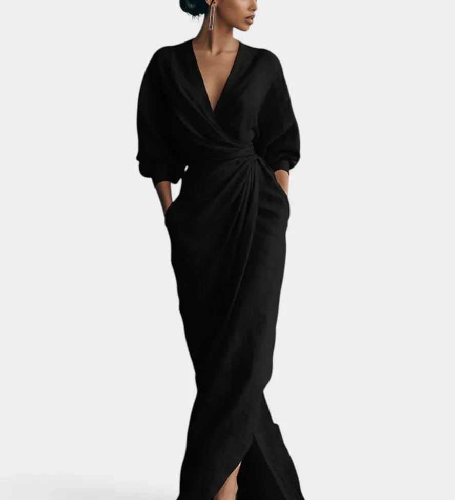 Black wrap maxi dress, V-neck, knotted waist, long sleeves, side slit