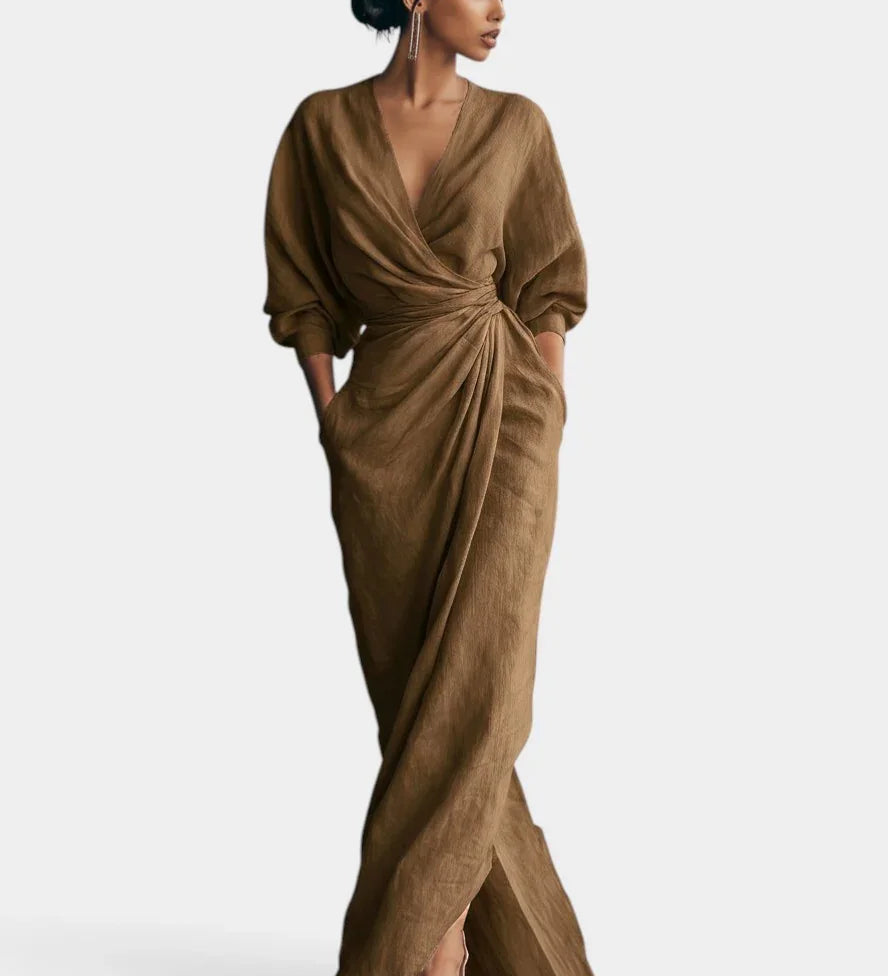Brown wrap maxi dress, V-neck, knotted waist, long sleeves, side slit