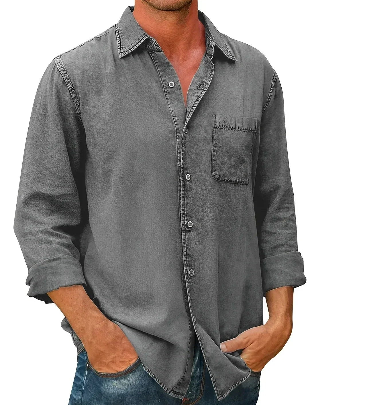Gray long-sleeve button-up shirt with chest pocket and classic collar