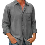 Gray long-sleeve button-up shirt with chest pocket and classic collar