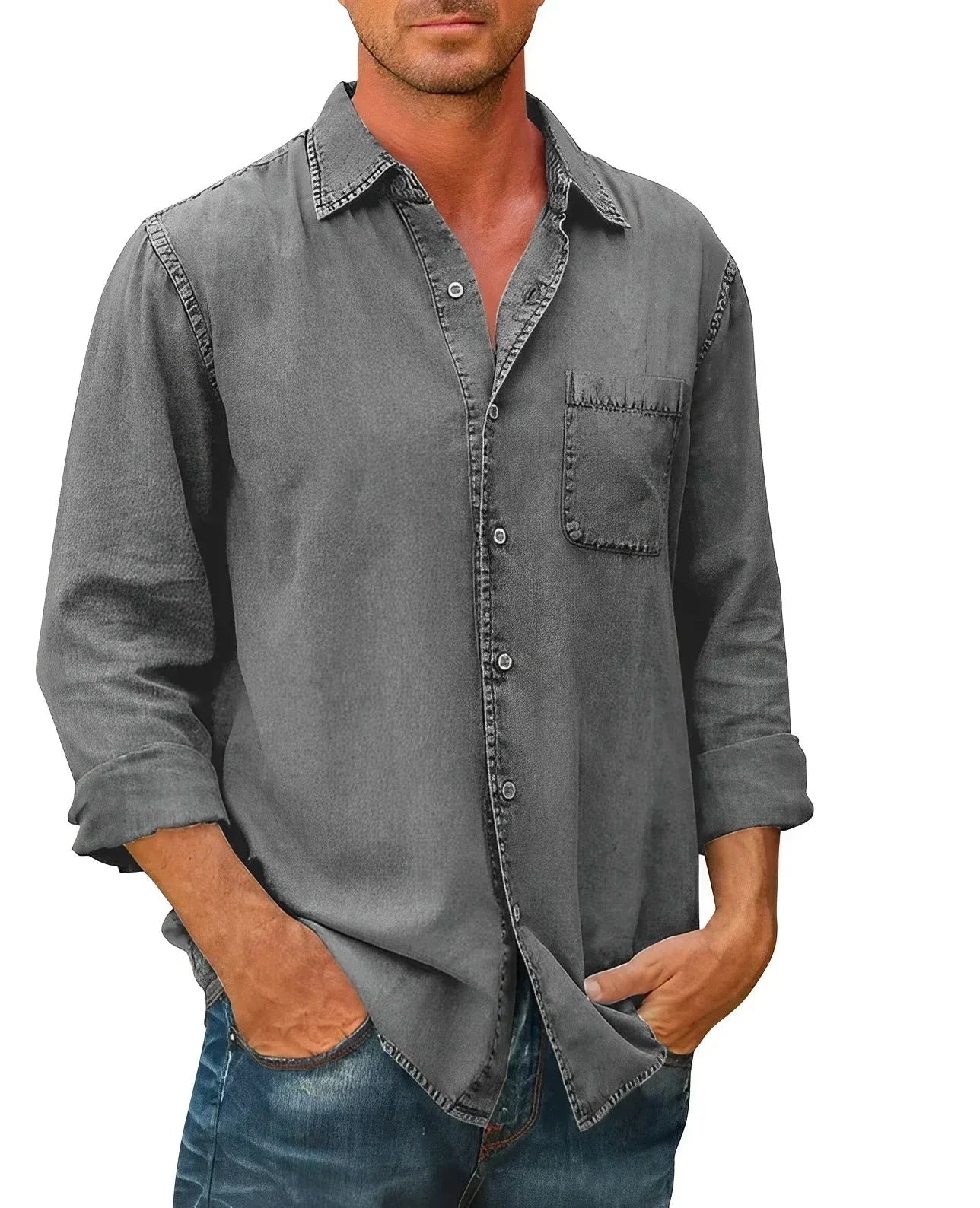 Gray long-sleeve button-up shirt with chest pocket and classic collar
