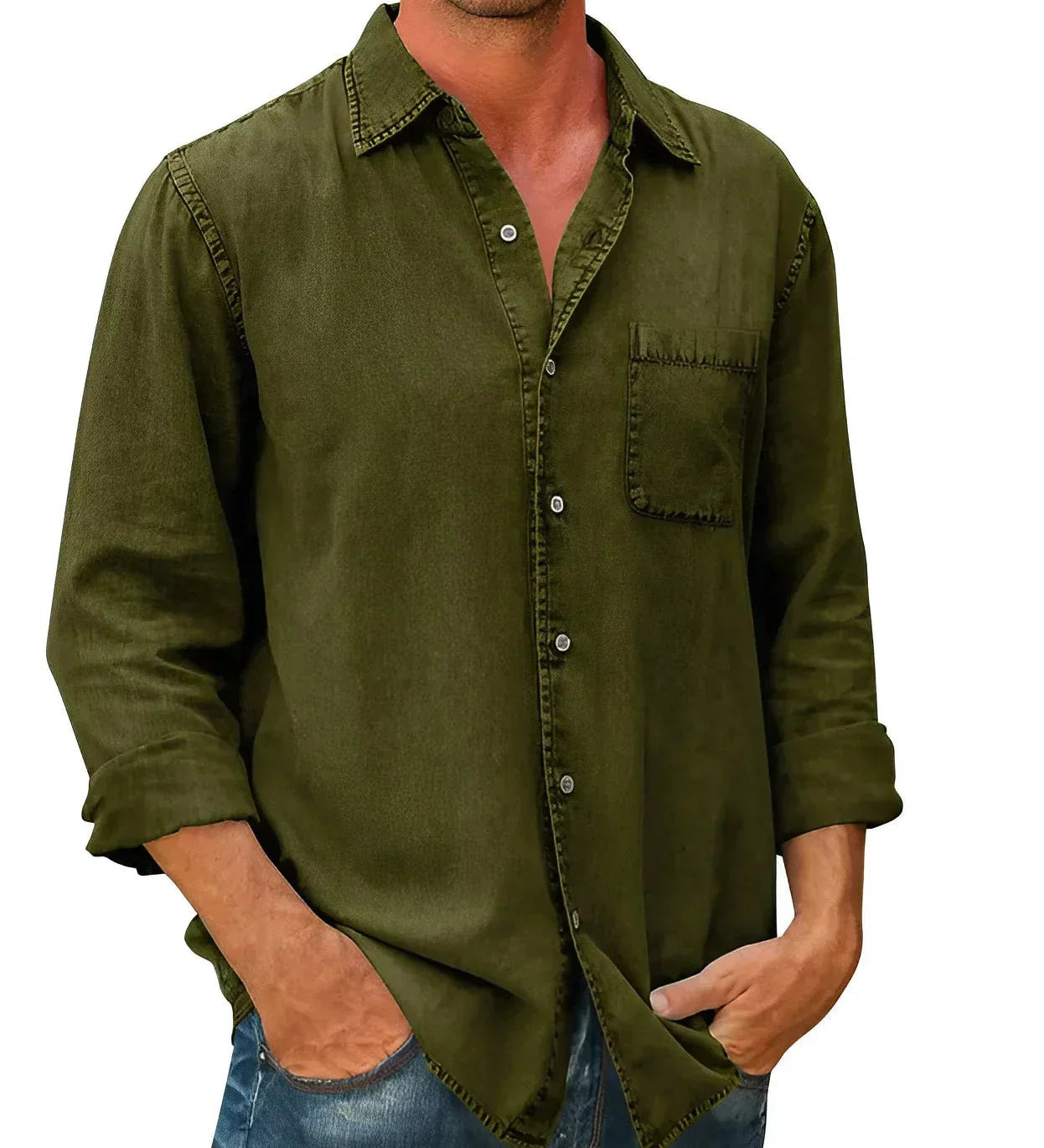 Olive green long-sleeve button-up shirt with chest pocket and classic collar