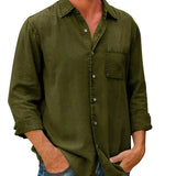 Olive green long-sleeve button-up shirt with chest pocket and classic collar