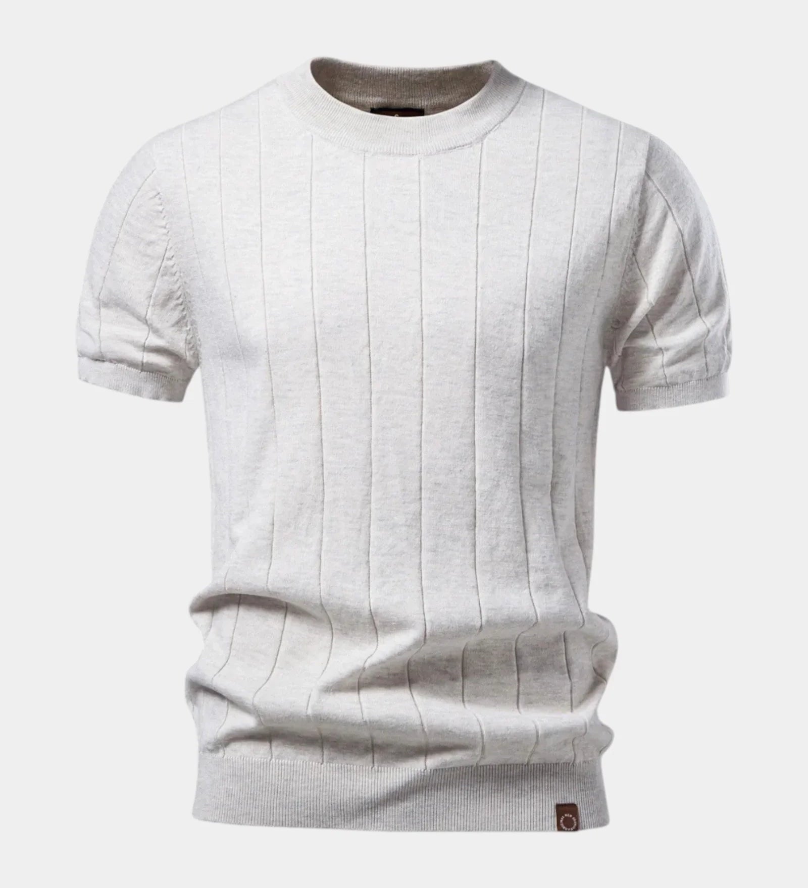 White crew-neck cotton T-shirt with vertical ribbed stripe texture and ribbed hem