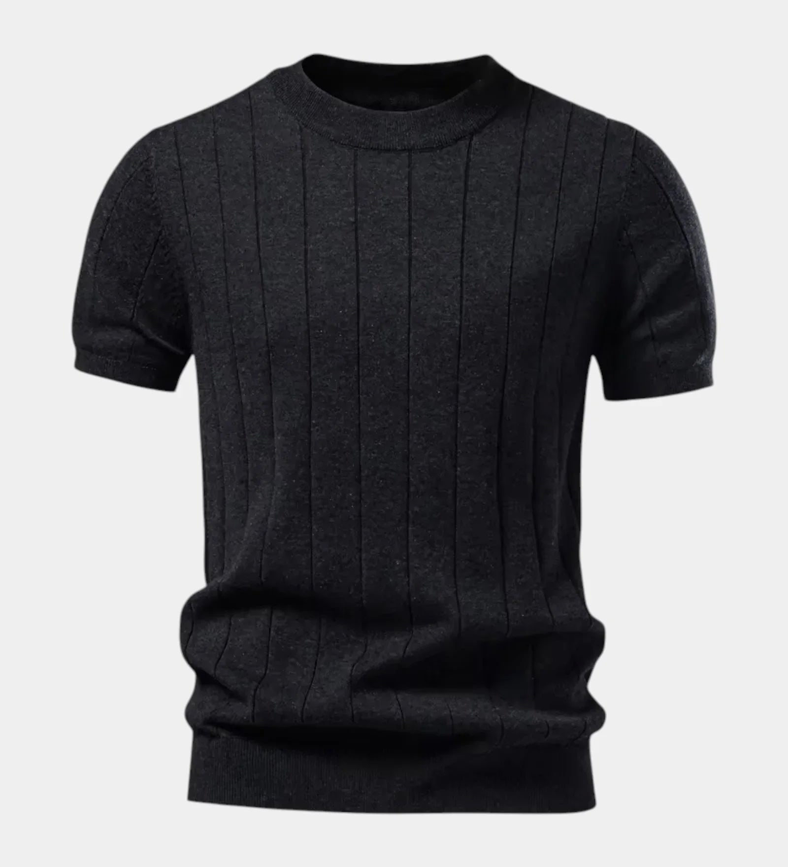 Black crew-neck cotton T-shirt with vertical ribbed stripe texture, short sleeves
