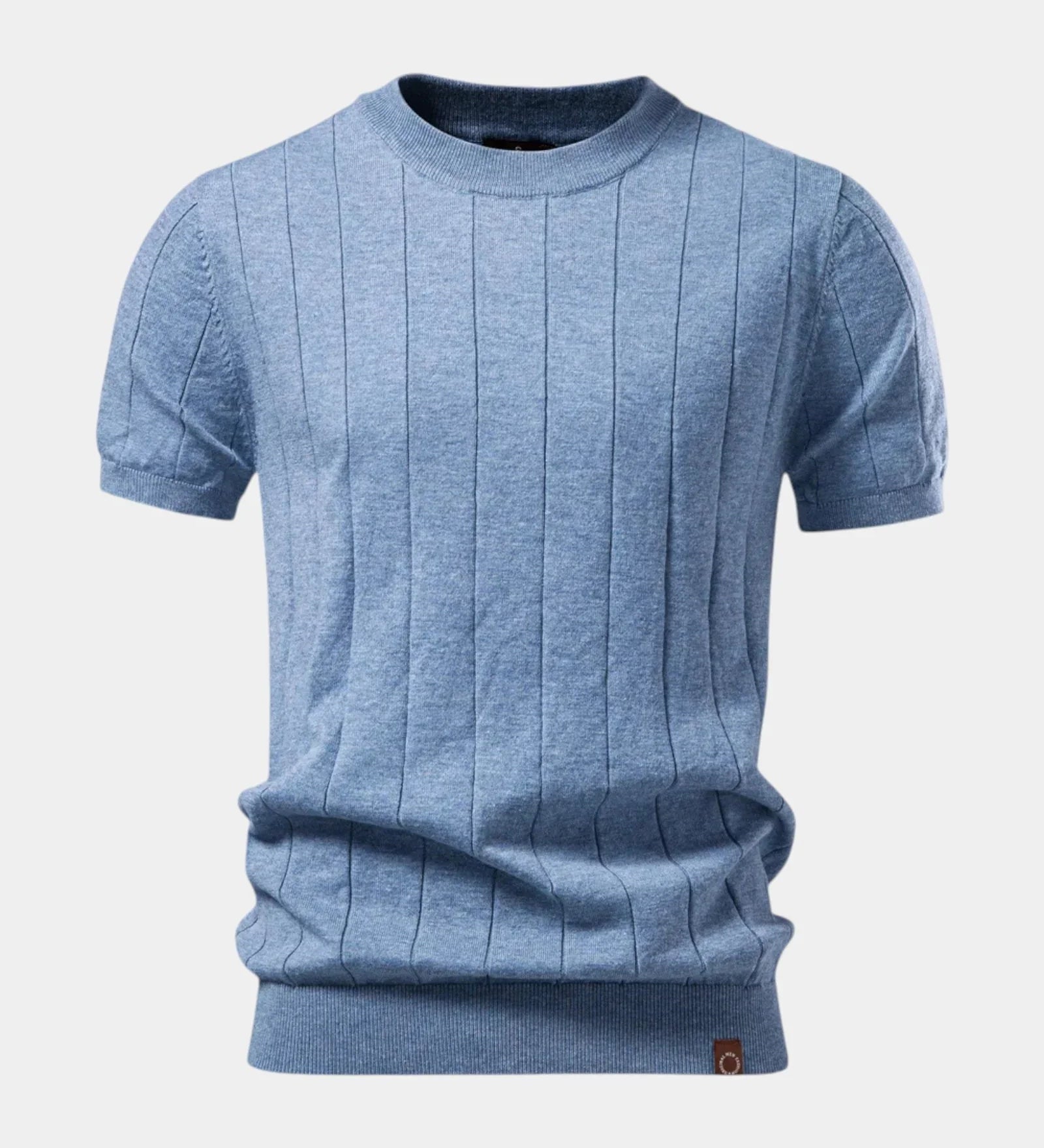 Blue crew-neck cotton T-shirt with vertical ribbed stripe texture, short sleeves