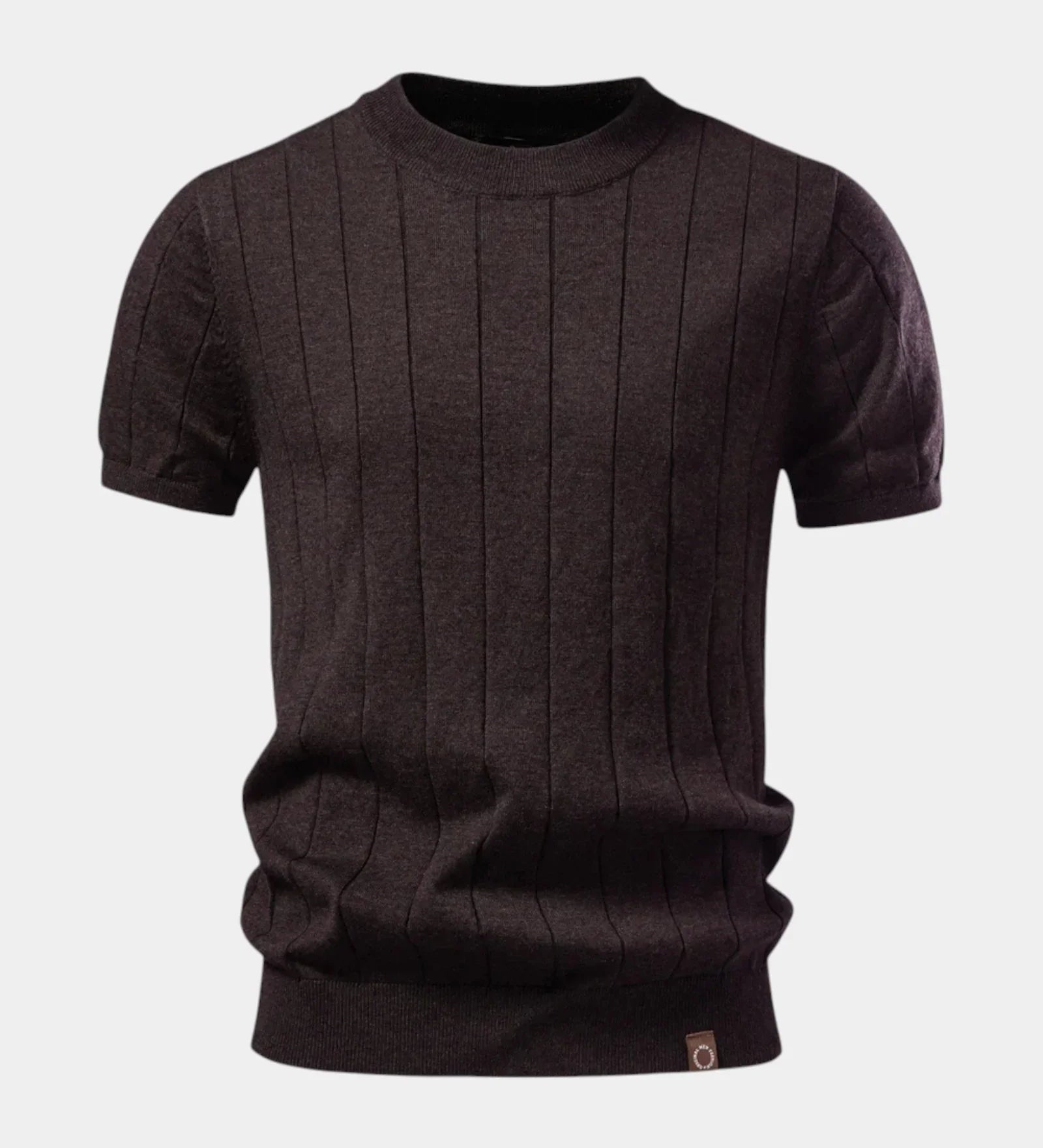 Espresso brown crew-neck cotton T-shirt with vertical ribbed stripe texture